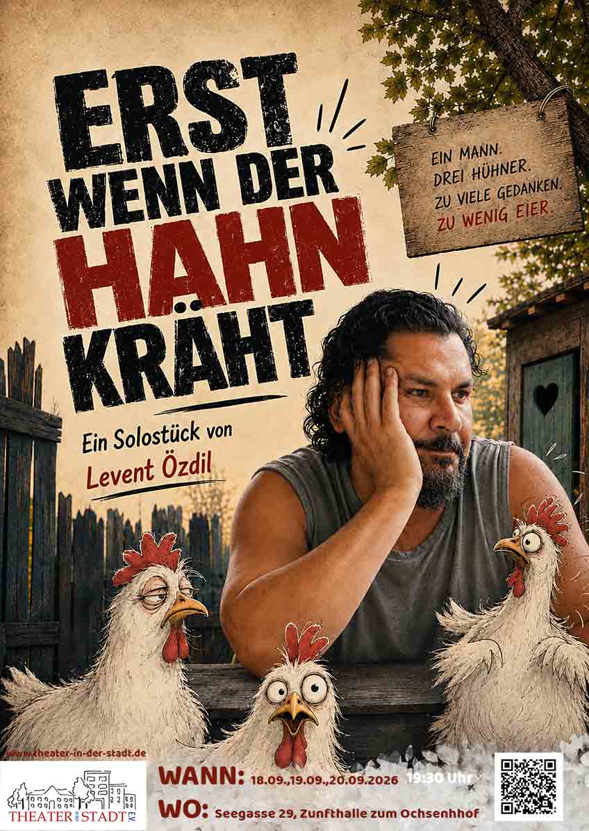 Erst-wenn-der-Hahn-kräht_flyer_web Der Blick der Medusa das Plakat 4 Schauspieler und eine Assistentin im Blick einer Kameralinse
