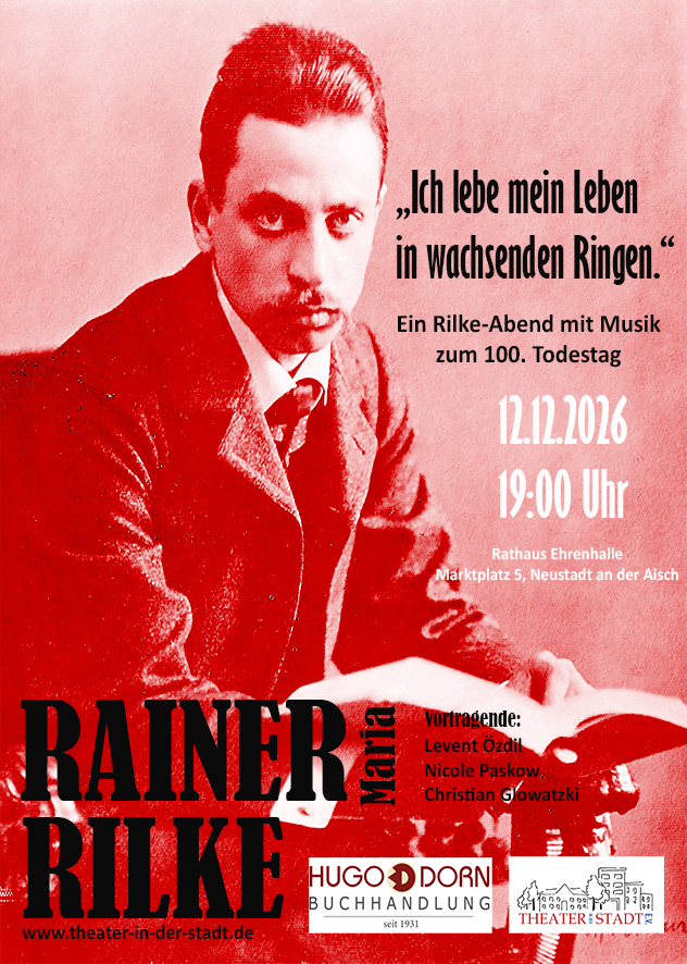 Rilke_Poster_Lesung_Neustadt_Flyer Der Blick der Medusa das Plakat 4 Schauspieler und eine Assistentin im Blick einer Kameralinse